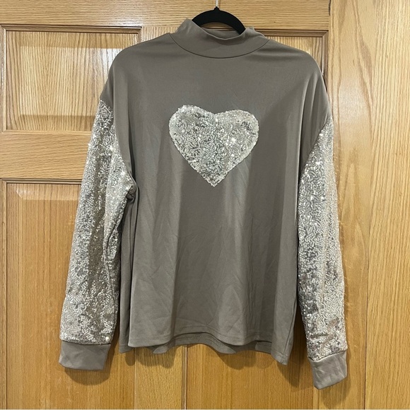 Pants - Sequin Heart Long Sleeve Top with Matching Joggers - Taupe